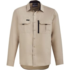 A beige long sleeve button-up shirt with two chest pockets and a zippered pocket, featuring a logo.