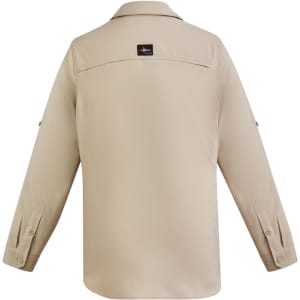 A beige long-sleeve button-up shirt with a collar and a logo on the back.