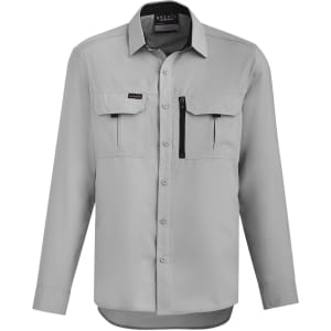 A grey long sleeve button-up shirt with two chest pockets and a zippered pocket. It features a logo.
