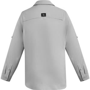 A grey long sleeve button-up shirt with a collar and roll-up sleeve straps. It features a logo on the back.
