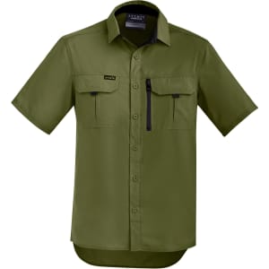 A short-sleeve button-up shirt in olive green with two front pockets and a chest pocket. It features a logo.