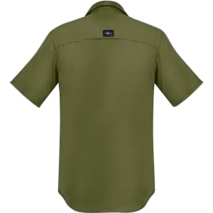 A short-sleeve men's button-up shirt in olive green, featuring a small logo on the back.