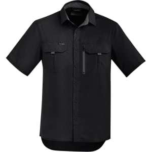 A black men's short sleeve button-up shirt featuring two front pockets and a zippered pocket, with a logo.