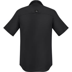A black short sleeve button-up shirt with a logo on the back. Suitable for outdoor wear.
