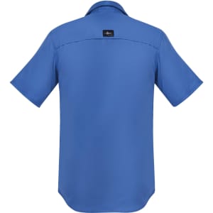 A blue men's outdoor short sleeve button-up shirt with a logo on the back.