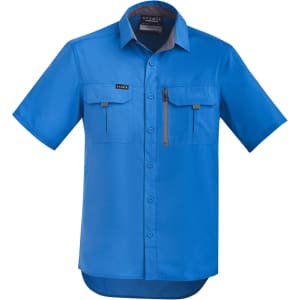 A blue men's outdoor short sleeve button-up shirt with two chest pockets and one zippered pocket.