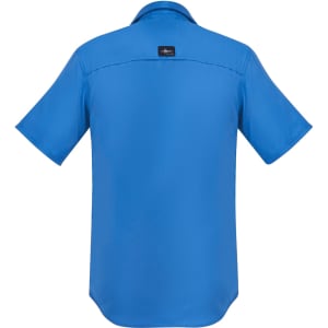 A blue men's outdoor short sleeve button-up shirt with a logo on the back.