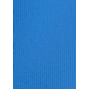 A blue, textured fabric showcasing a button-up shirt design. Features a logo in the corner.