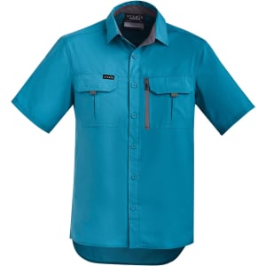 A turquoise short sleeve button-up shirt featuring two front pockets and a branding logo.