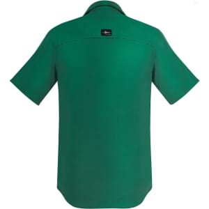 A men's outdoor short sleeve shirt in a vibrant green colour with a branded label on the back.