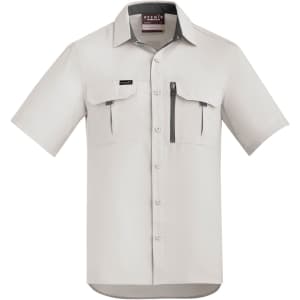 A light grey short sleeve button-up shirt with two front pockets and a zippered pocket. Features a logo.
