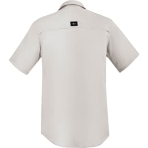 A short sleeve button-up shirt in light grey with a branded tag on the back.