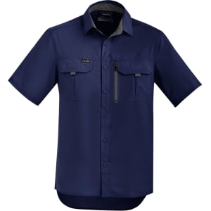 A navy short sleeve button-up shirt with two front pockets and a zippered pocket, featuring a logo.