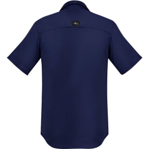 A navy blue men's outdoor short sleeve shirt with a button-up design and a logo on the back.