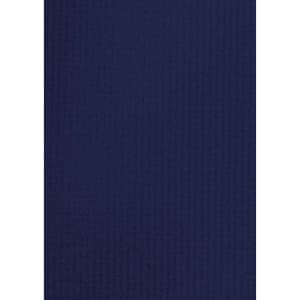 A navy blue short sleeve button-up shirt with a textured fabric, featuring a logo.