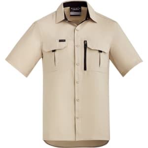A short sleeve button-up shirt in beige with multiple pockets and a logo.