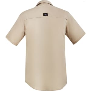 A short sleeve men's outdoor button-up shirt in a light beige colour, featuring a logo on the back.