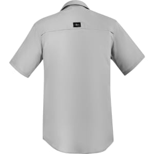 A light grey short sleeve button-up shirt featuring a back yoke and a logo on the upper back.