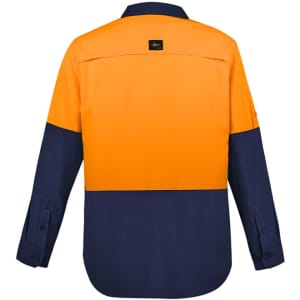 A long sleeve work shirt in orange and navy with a logo, designed for outdoor use.