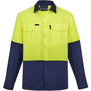 A long sleeve shirt in high visibility yellow and navy blue, featuring two chest pockets and a logo.