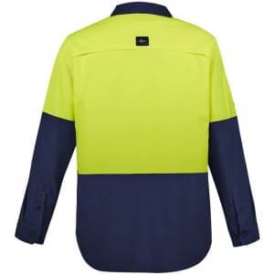 A long sleeve work shirt in high vis yellow and navy, featuring a logo on the back.