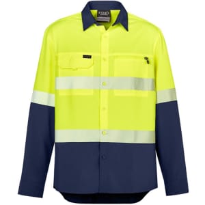 A long sleeve shirt in hi-vis yellow with navy segments and reflective tape, featuring a pocket and branding.