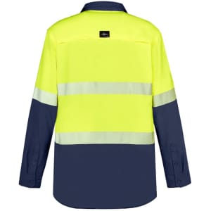 A long sleeve work shirt in hi-vis yellow and navy, featuring reflective segmented tape and a brand label.