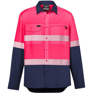 A long sleeve segmented tape shirt in high visibility pink and navy, featuring reflective stripes and a pocket.