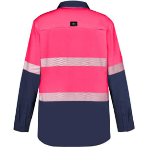 A long sleeve work shirt in hi-vis pink and navy, featuring segmented reflective tape and a logo.