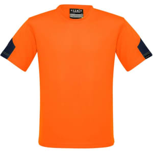 A bright orange T-shirt with navy blue sleeves and a logo on the front. Suitable for workwear use.