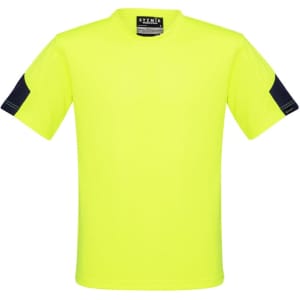 A bright yellow work t-shirt with dark navy blue sleeves and a logo on the front.