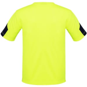 A bright yellow men's T-shirt with black accents on the sleeves, featuring a logo.