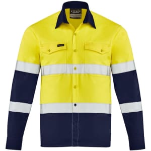 A yellow and navy long sleeve work shirt featuring reflective stripes and a logo on the chest.