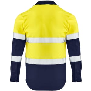 A lightweight long sleeve work shirt in yellow and navy, featuring reflective stripes and a logo.