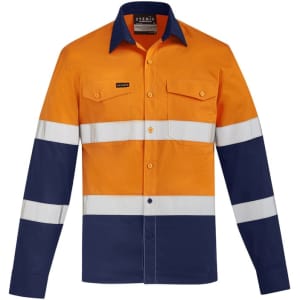 A long sleeve work shirt in orange and navy, featuring reflective stripes and a logo.