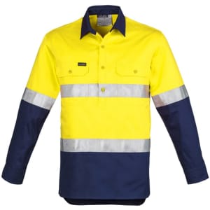 A long sleeve work shirt in high visibility yellow and navy, featuring reflective hoop tape and a logo.