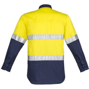 A long sleeve work shirt in yellow and navy, featuring hoop tape reflective stripes and a rear view.
