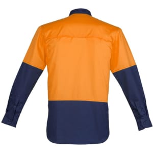 A long sleeve shirt featuring an orange upper section and navy blue lower section, with a back vent and buttoned cuffs.