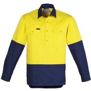 A long sleeve shirt featuring a closed front design, with a bright yellow upper and navy blue lower section. It has two chest pockets and a logo.