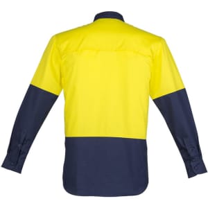 A long sleeve shirt featuring a closed front design, primarily yellow with navy blue sleeves and a logo.