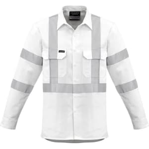 A long sleeve white work shirt with grey reflective stripes and two chest pockets, featuring a logo.