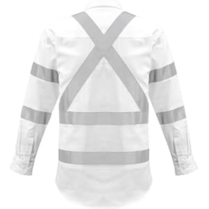 A long sleeve white work shirt featuring reflective tape in an X pattern on the back. It includes a logo.