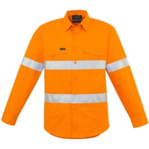 A long sleeve shirt in bright orange with reflective hoop tape and a logo on the chest.