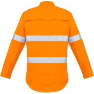 An orange long sleeve shirt with reflective hoop tape across the shoulders and sleeves, featuring a plain back.