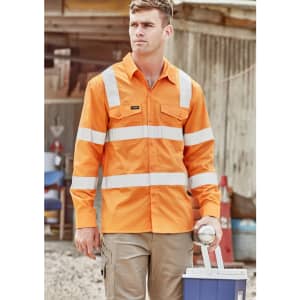 An orange long sleeve work shirt with reflective stripes, featuring a logo, worn by a man holding a drink bottle.