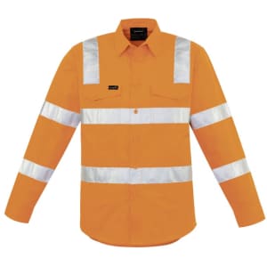 An orange long sleeve work shirt with reflective stripes and a logo on the chest.