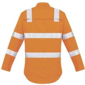 An orange long sleeve work shirt with reflective stripes across the back and arms, featuring a branding logo.
