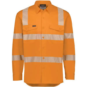 An orange long-sleeve work shirt with segmented reflective tape and two chest pockets, featuring a logo.