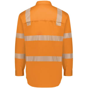 High-visibility orange men's work shirt featuring segmented reflective tape on the back. Includes a logo.