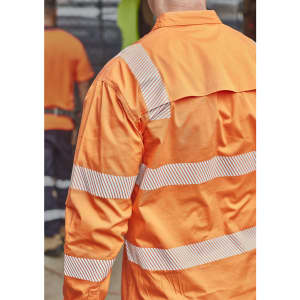 An orange work shirt with segmented reflective tape, designed for visibility in work environments.
